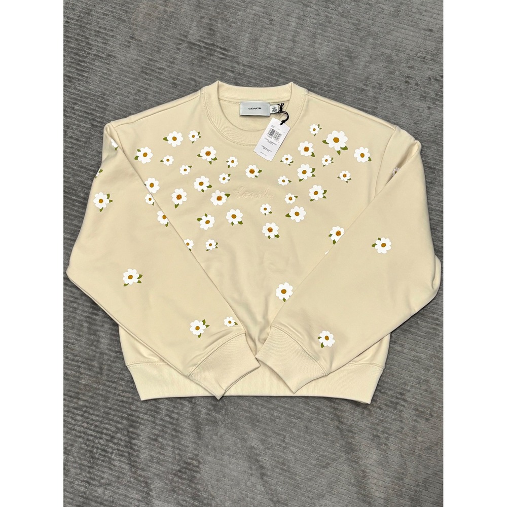 Coach Floral Crewneck Sweatshirt Cream Daisy Beaded Logo Pullover Womens Small